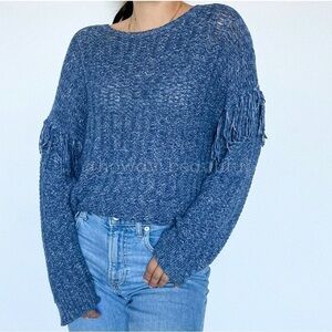 ULLA Johnson Arquette Pullover Sweater Sz Small Blue Knit Cotton Fringe Crochet